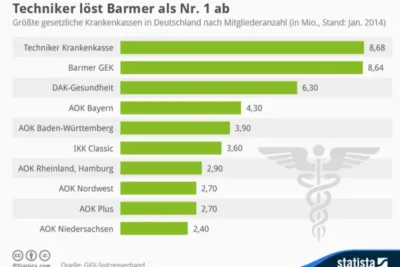 "Diagramm: Größte gesetzliche Krankenkassen in Deutschland nach Mitgliederanzahl, Vergleich AOK und Barmer."