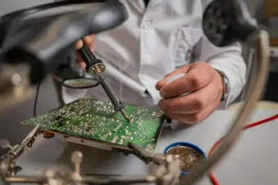 "Ein Techniker arbeitet an einer Leiterplatte mit Lötkolben und Lupe"