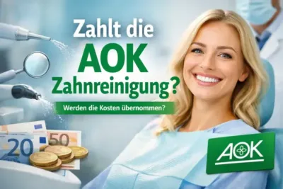 Frau im Zahnarztstuhl mit AOK-Logo, Geldscheinen und Münzen, zahnärztlichen Instrumenten im Hintergrund.
